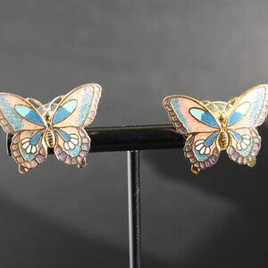 Vintage 1980s Cloisonne Butterfly earrings Pierced ears colourful Summer Spring